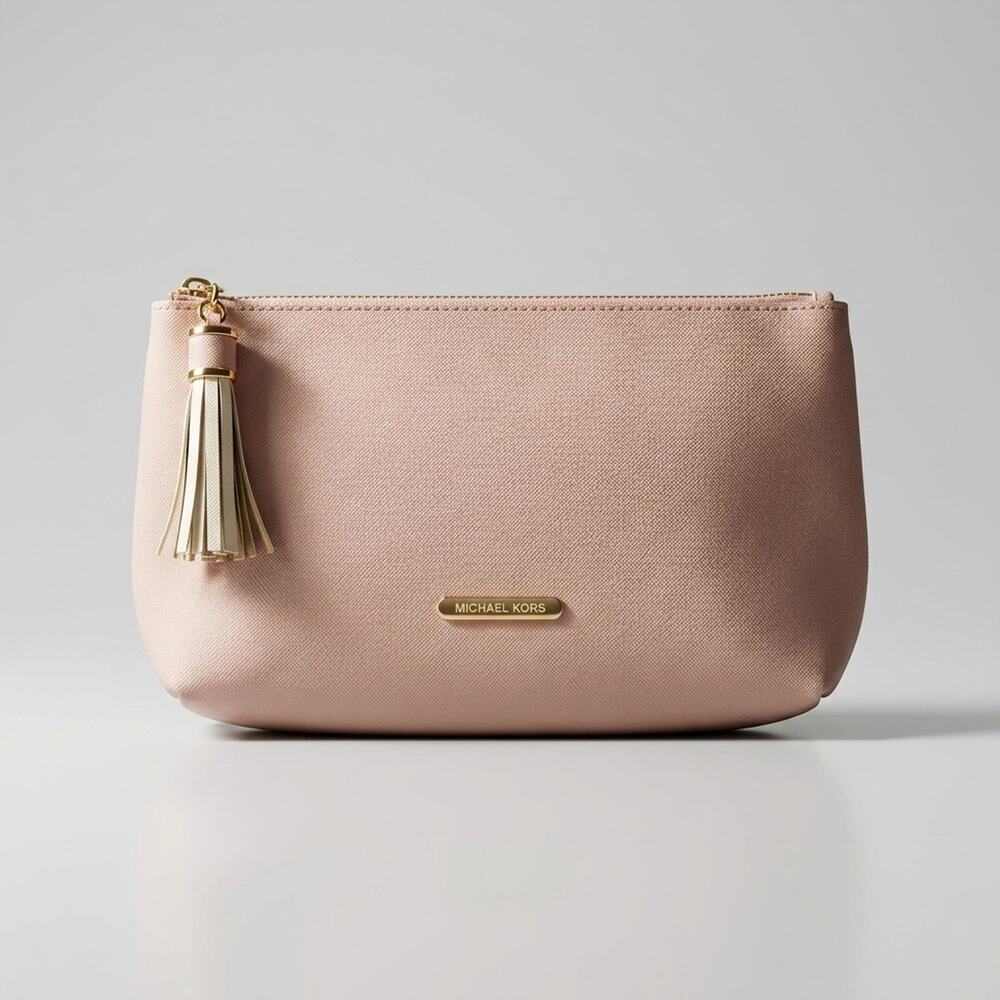 Michael Kors Blush Pink Saffiano Leather Pouch Clutch Gold Tassel